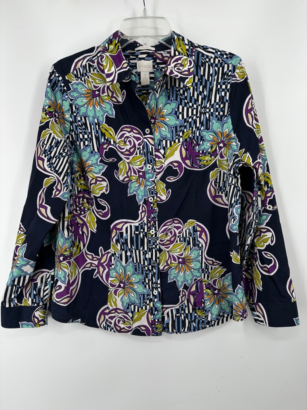 Chico's No Iron Navy Floral Button-Front Shirt - Navy Multi